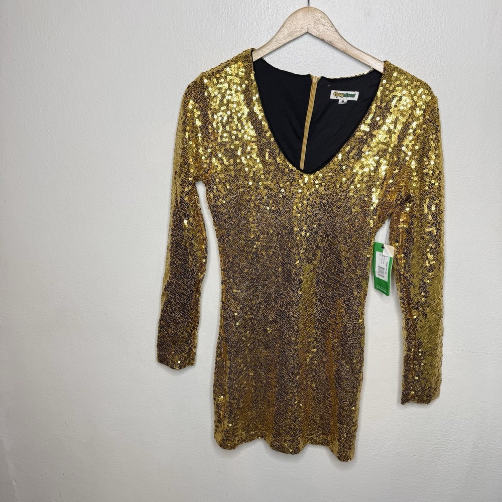 Tipsy Elves Gold‎ Sequin Long Sleeve Mini Dress Christmas Holiday Women's Small